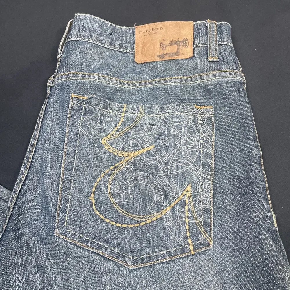 Marc Ecko Jeans Mens Boot Cut Fits 36x27 Med Wash Faded Cowboy Baggy Y2K Cut Sew